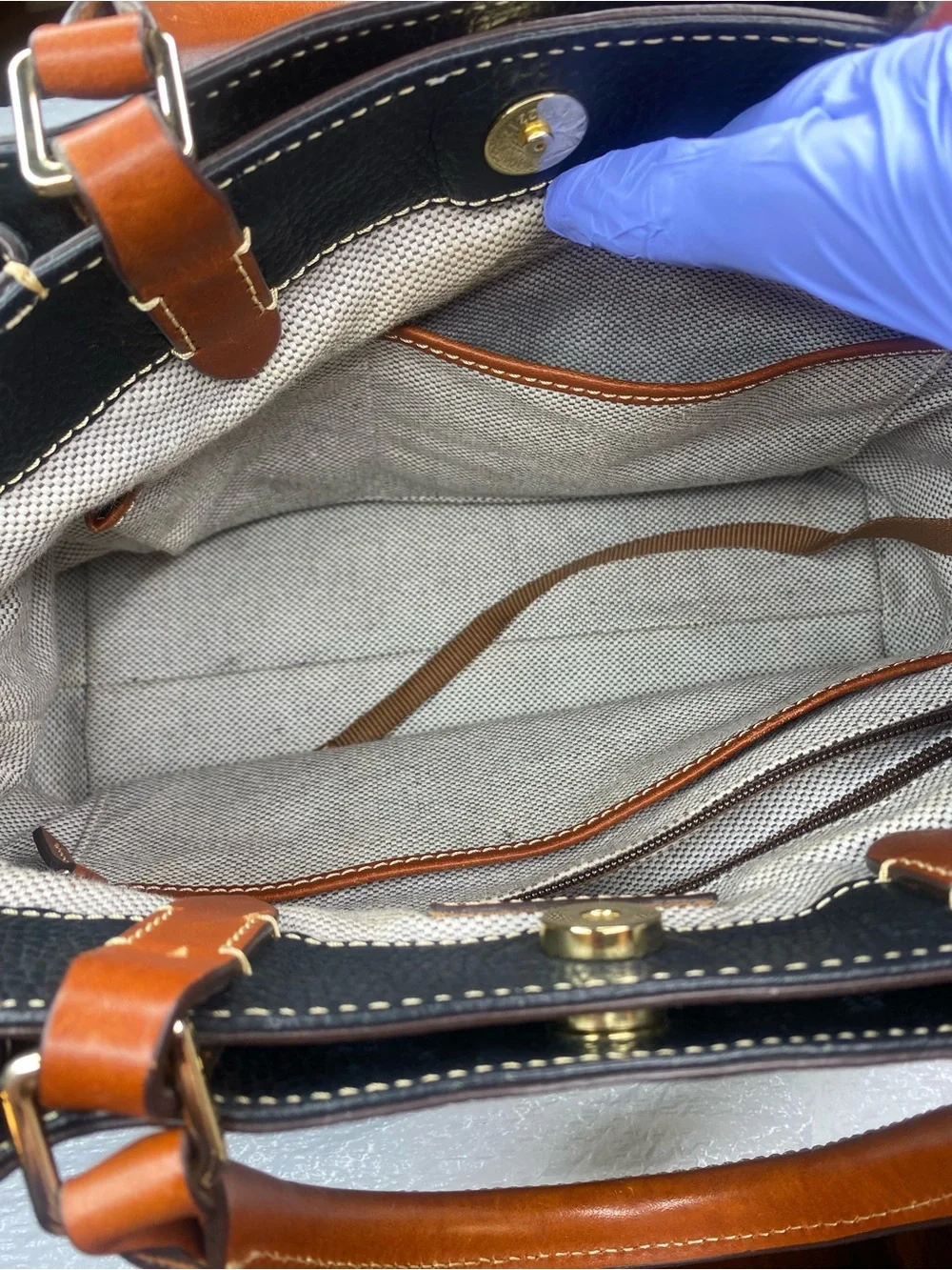 Dooney & Bourke Black and Tan Pebble Leather Satchel with Top Handles